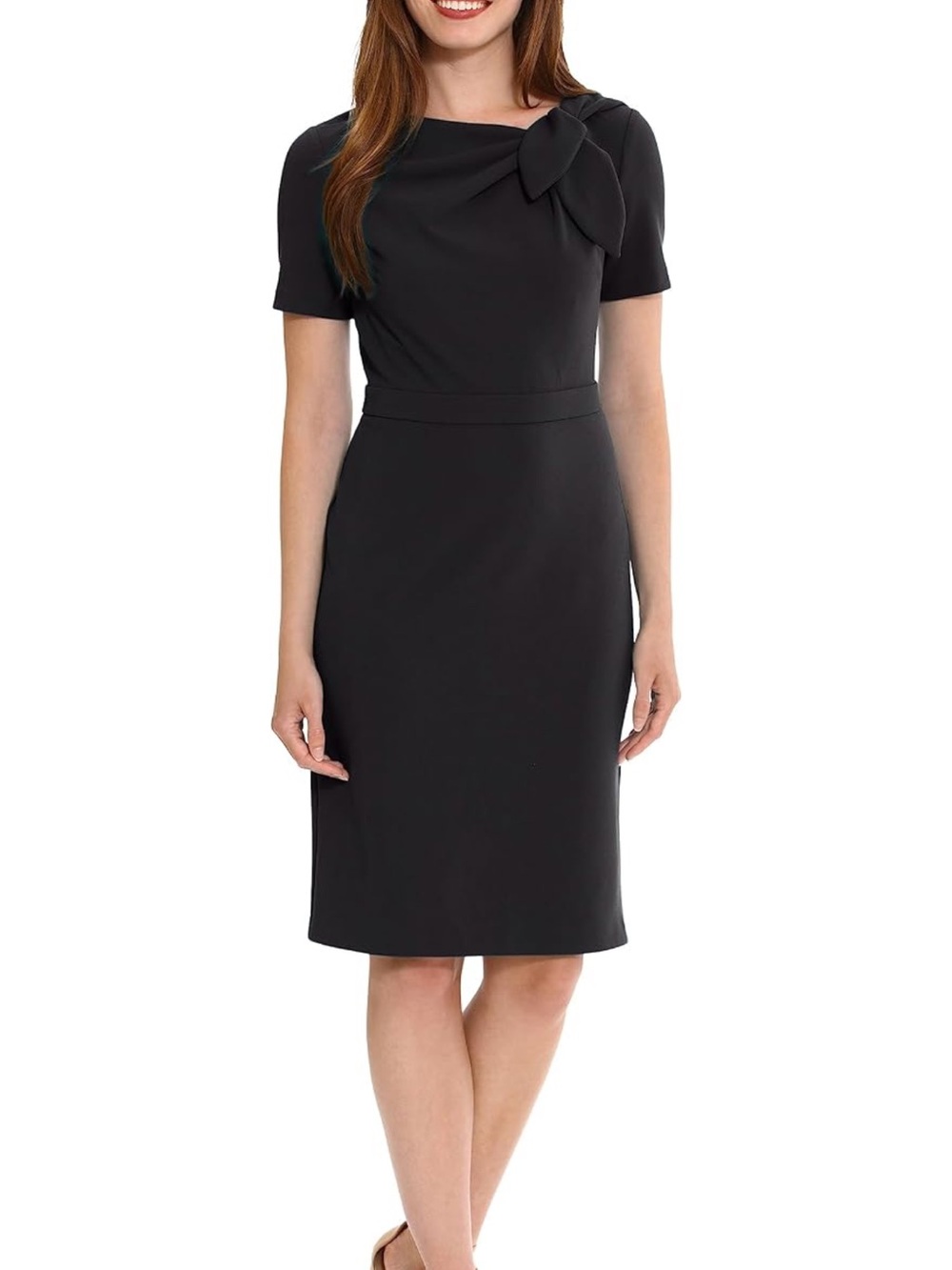 London Times Black Midi Sheath Dress with Bow Accent